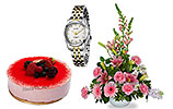 Red Berry Mousse Cake (PC) 2Lbs and Pink Flowers and Women Watch