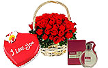 Heart Shaped Cake (PC)- 4Lbs and Red Roses Basket and HUGO Perfume