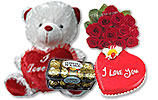 Ferrero Rocher (16 pcs) and One Dozen Roses and Heart Shaped Cake (4Lbs) and Teddy with Heart