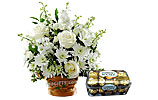 White Imported Flowers and Ferrero Rocher- (16 pc)
