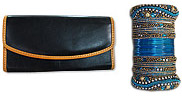 Black Ladies Leather Wallet And Metallic Bangles