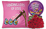 One Dozen Red Roses and Quality Street Tin box and Valentine Day Cushion