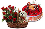 Red Flowers Basket and Red Berry Mousse Cake (PC)- 2Lbs