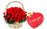 Red Roses Basket and Heart Shaped Cake (PC) 4Lbs