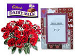 Cadbury Dairy Milk and Two Dozen Flowers and Photo Frame
